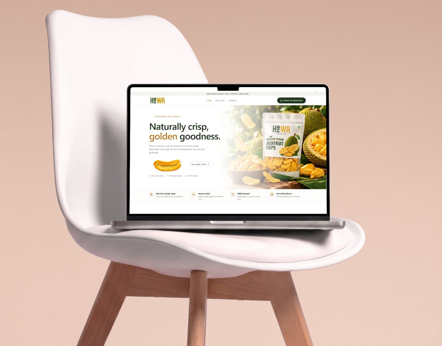 Haiwa Snacks website — vacuum-dried jackfruit chips product page with WhatsApp ordering